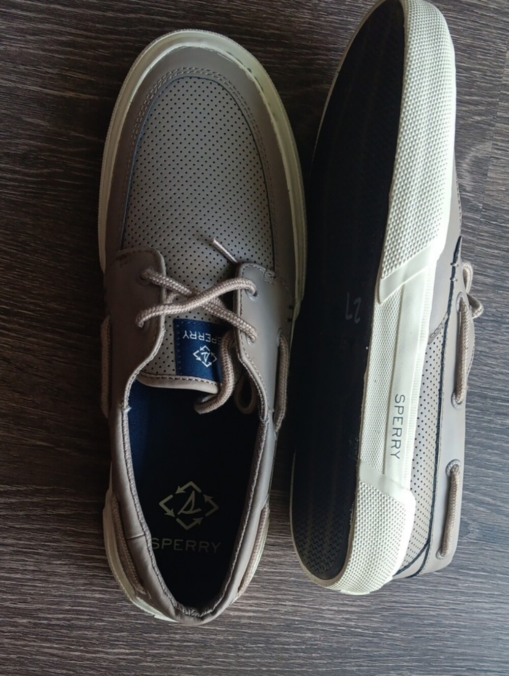 $30 Sperry Men's Taupe Perforated Boat Shoes with Cream Sole